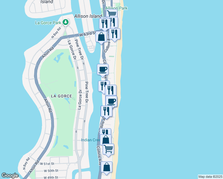 map of restaurants, bars, coffee shops, grocery stores, and more near 5700 Collins Avenue in Miami Beach