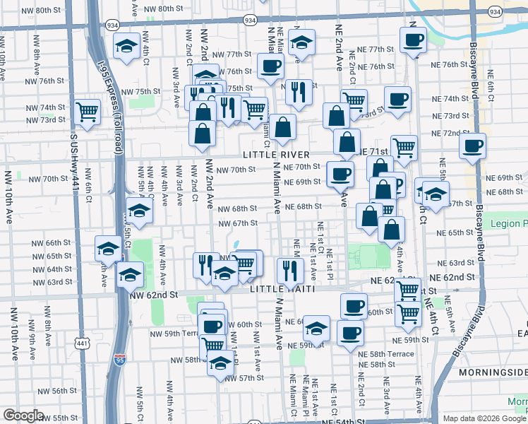 map of restaurants, bars, coffee shops, grocery stores, and more near 46 Northwest 68th Terrace in Miami