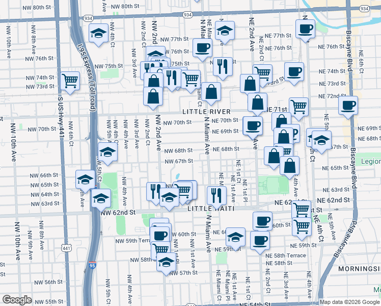 map of restaurants, bars, coffee shops, grocery stores, and more near 46 Northwest 68th Terrace in Miami