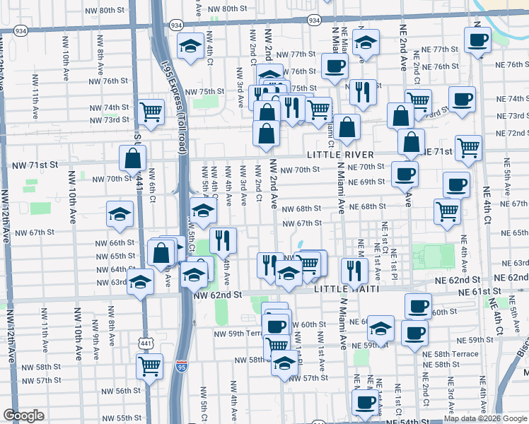 map of restaurants, bars, coffee shops, grocery stores, and more near 6825 Northwest 2nd Avenue in Miami