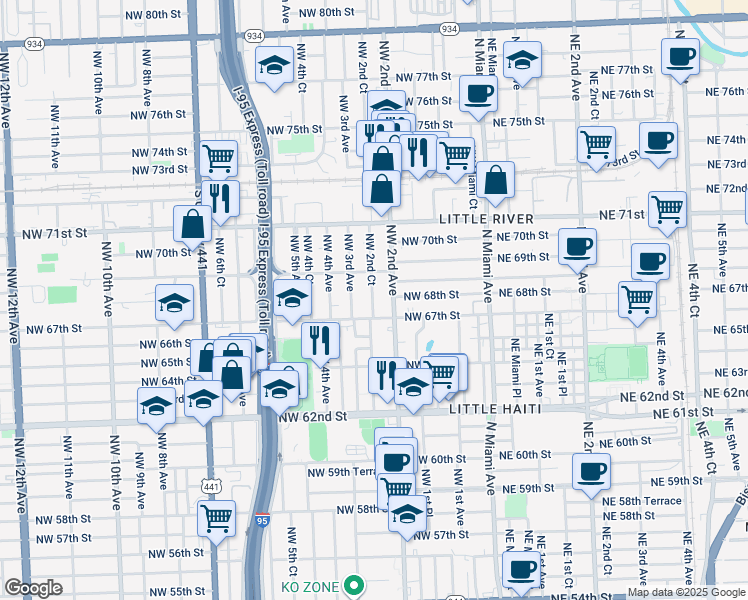 map of restaurants, bars, coffee shops, grocery stores, and more near 6829 Northwest 3rd Avenue in Miami