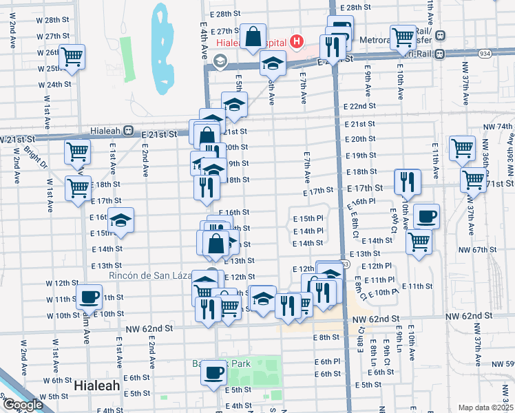 map of restaurants, bars, coffee shops, grocery stores, and more near 540 East 17th Street in Hialeah