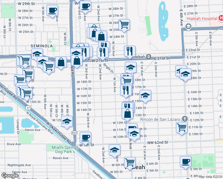 map of restaurants, bars, coffee shops, grocery stores, and more near 121 West 17th Street in Hialeah