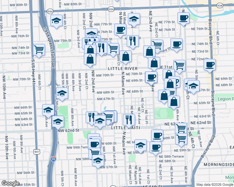 map of restaurants, bars, coffee shops, grocery stores, and more near 46 Northwest 68th Terrace in Miami