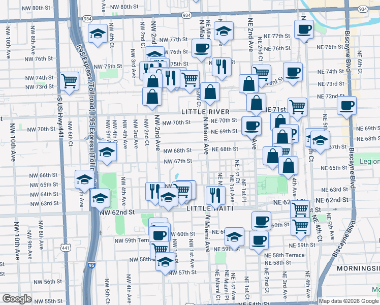 map of restaurants, bars, coffee shops, grocery stores, and more near 46 Northwest 68th Terrace in Miami