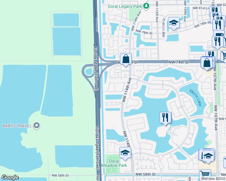 map of restaurants, bars, coffee shops, grocery stores, and more near 7065 Northwest 116th Court in Doral