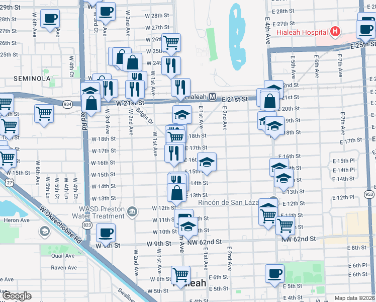 map of restaurants, bars, coffee shops, grocery stores, and more near 1700 Curtiss Drive in Hialeah
