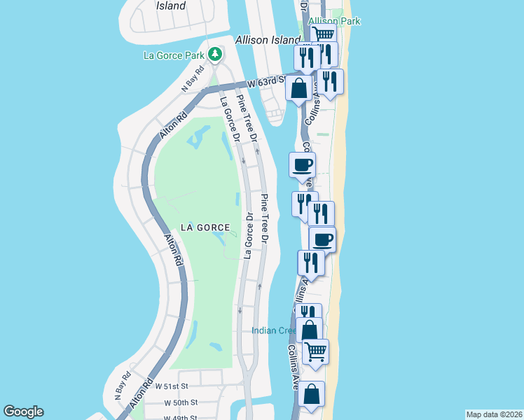 map of restaurants, bars, coffee shops, grocery stores, and more near 5758 Pine Tree Drive in Miami Beach