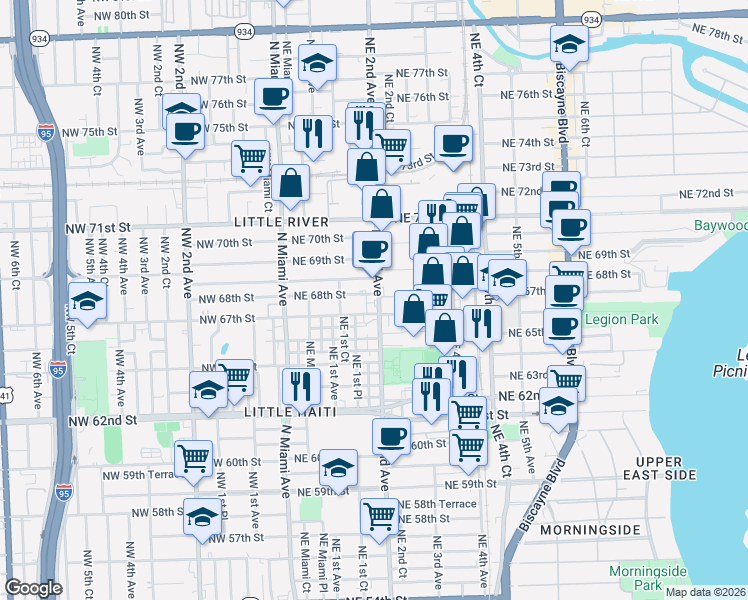 map of restaurants, bars, coffee shops, grocery stores, and more near 172 Northeast 68th Terrace in Miami