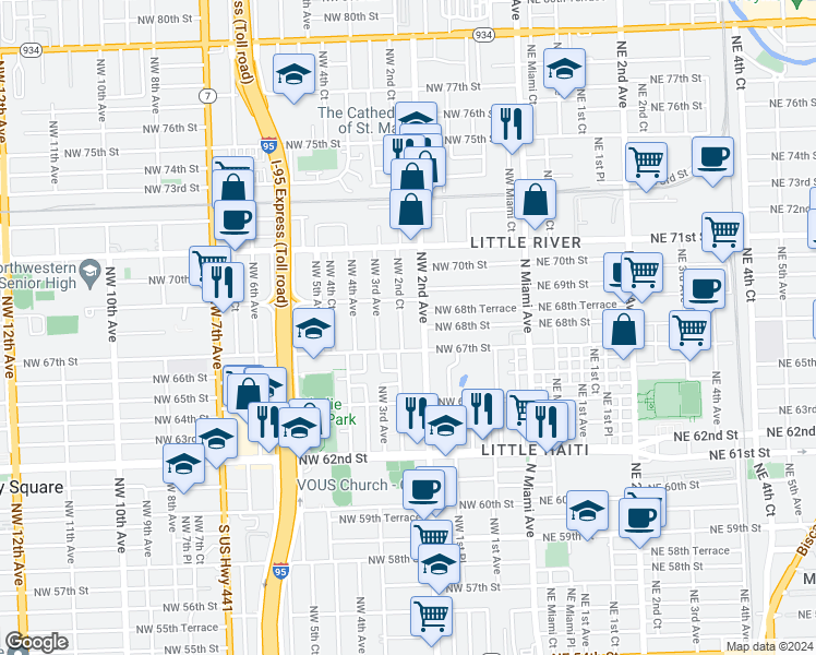 map of restaurants, bars, coffee shops, grocery stores, and more near 6825 Northwest 2nd Avenue in Miami