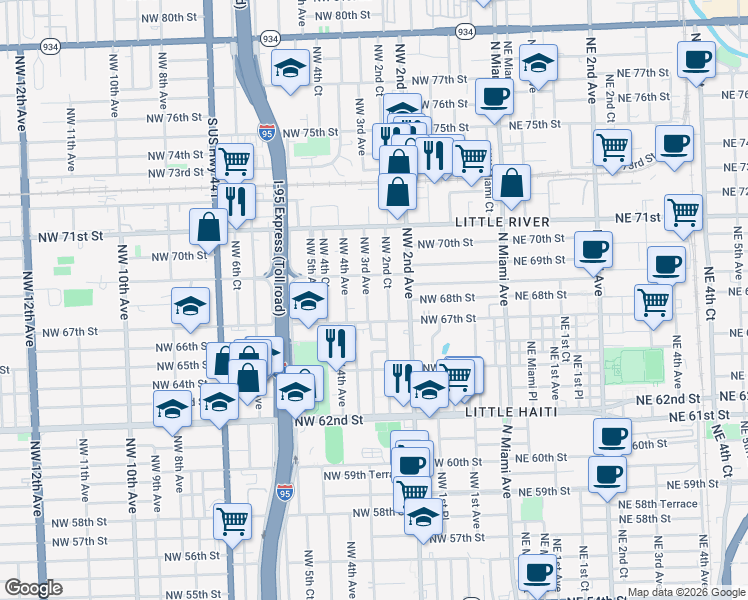 map of restaurants, bars, coffee shops, grocery stores, and more near 6829 Northwest 3rd Avenue in Miami