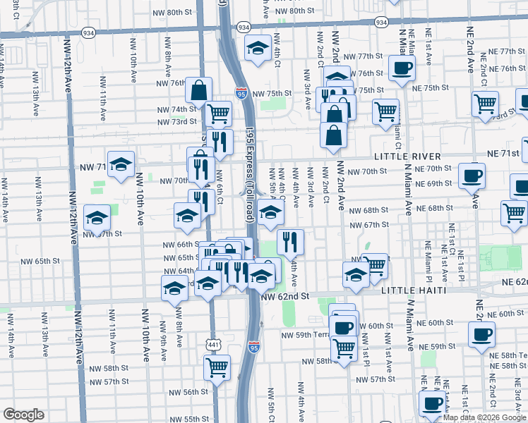 map of restaurants, bars, coffee shops, grocery stores, and more near 6834 Northwest 5 Avenue in Miami