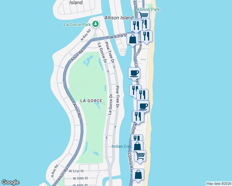 map of restaurants, bars, coffee shops, grocery stores, and more near 5758 Pine Tree Drive in Miami Beach