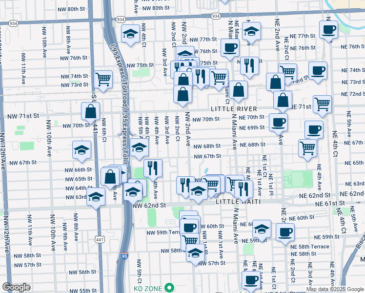 map of restaurants, bars, coffee shops, grocery stores, and more near 6743 Northwest 2nd Court in Miami