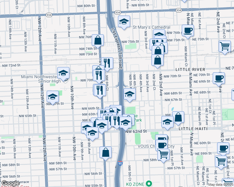 map of restaurants, bars, coffee shops, grocery stores, and more near 6810 Northwest 5th Place in Miami