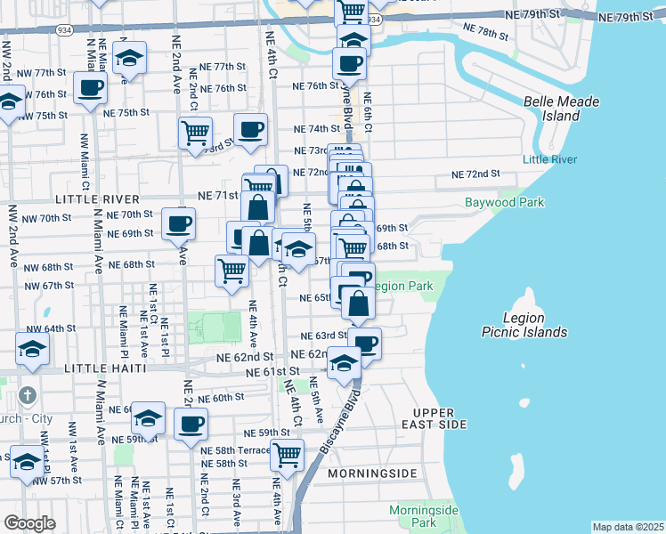 map of restaurants, bars, coffee shops, grocery stores, and more near 543 Northeast 67th Street in Miami