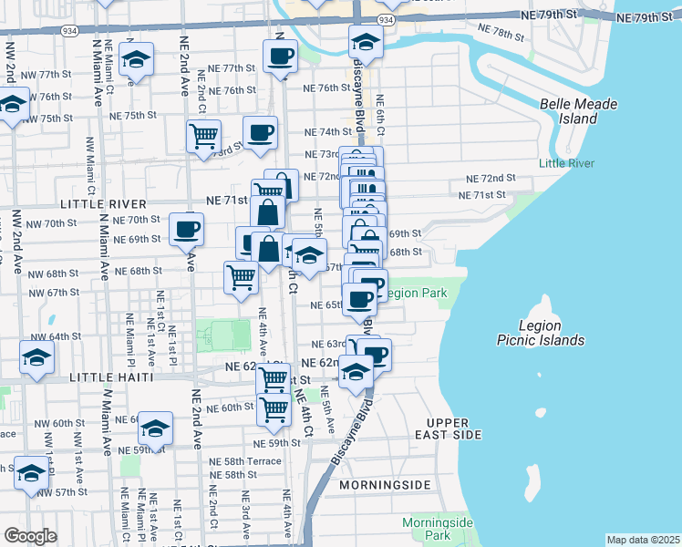 map of restaurants, bars, coffee shops, grocery stores, and more near 543 Northeast 67th Street in Miami