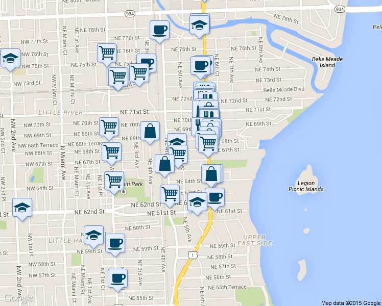 map of restaurants, bars, coffee shops, grocery stores, and more near 543 Northeast 67th Street in Miami