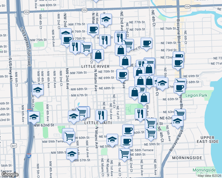 map of restaurants, bars, coffee shops, grocery stores, and more near 97 Northeast 68th Street in Miami
