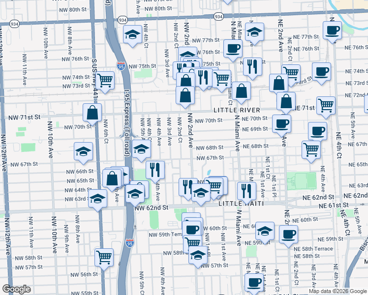map of restaurants, bars, coffee shops, grocery stores, and more near 6825 Northwest 2nd Avenue in Miami