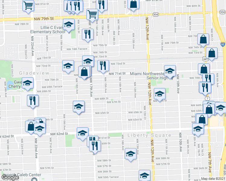 map of restaurants, bars, coffee shops, grocery stores, and more near 1415 Northwest 69th Street in Miami