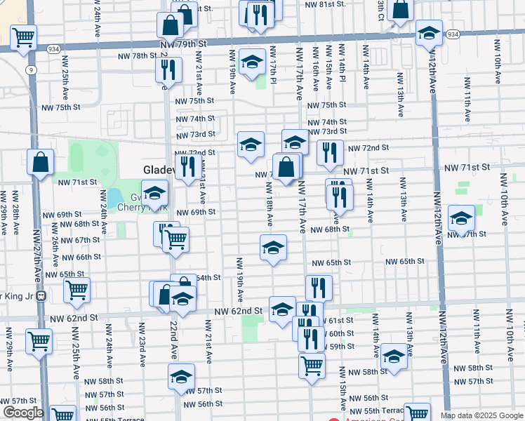 map of restaurants, bars, coffee shops, grocery stores, and more near 1810 Northwest 69th Terrace in Miami