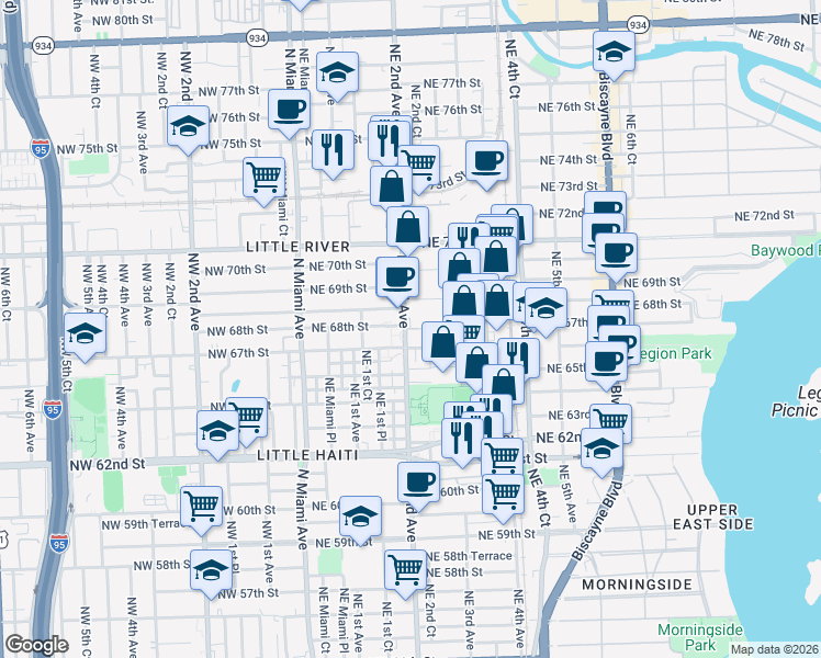 map of restaurants, bars, coffee shops, grocery stores, and more near 201-249 NE 68th St in Miami