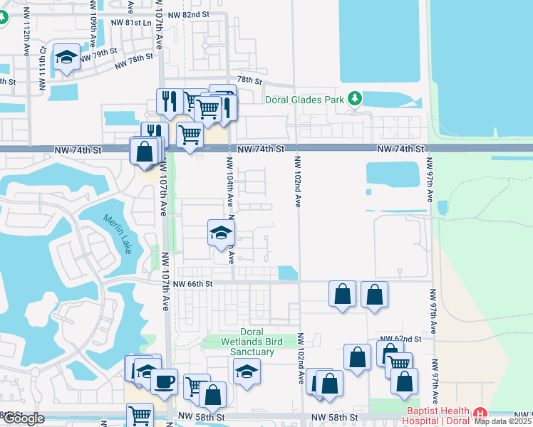 map of restaurants, bars, coffee shops, grocery stores, and more near 10270 Northwest 70th Terrace in Doral