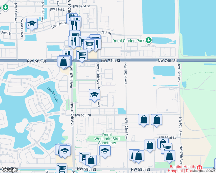 map of restaurants, bars, coffee shops, grocery stores, and more near 7035 Northwest 103rd Path in Doral