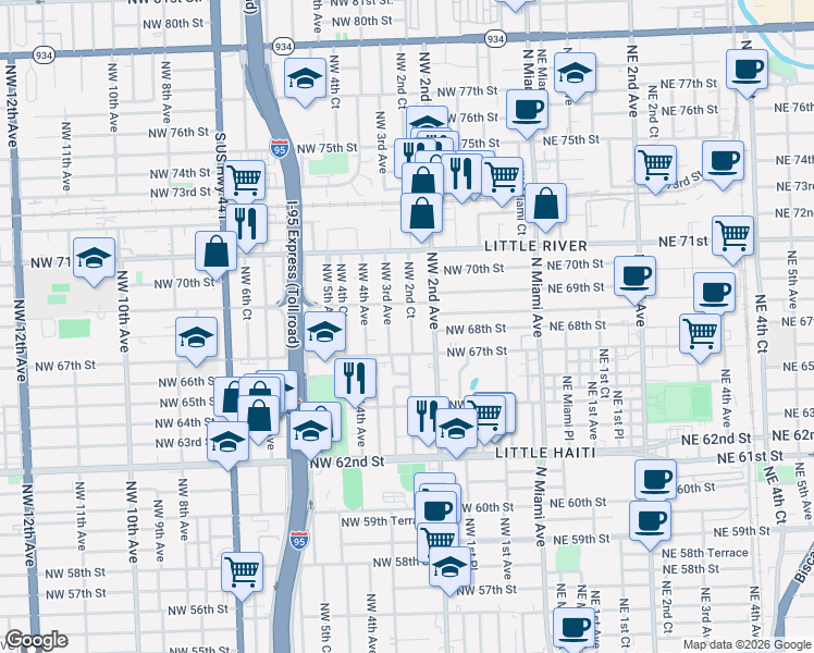 map of restaurants, bars, coffee shops, grocery stores, and more near 6829 Northwest 3rd Avenue in Miami