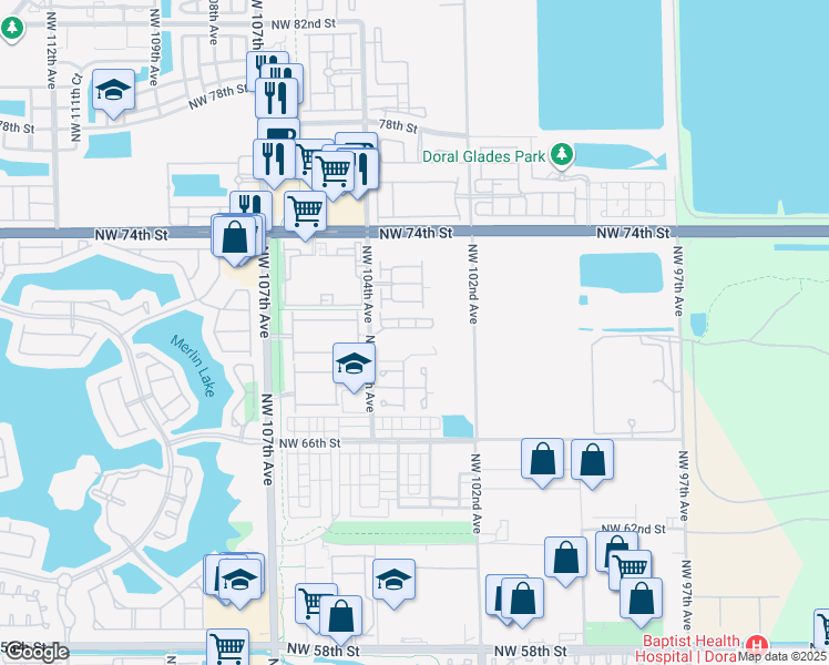 map of restaurants, bars, coffee shops, grocery stores, and more near 7032 Northwest 103rd Avenue in Doral