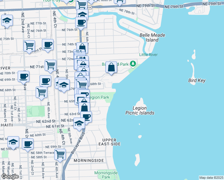 map of restaurants, bars, coffee shops, grocery stores, and more near 720 Northeast 69th Street in Miami Beach