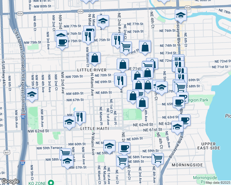 map of restaurants, bars, coffee shops, grocery stores, and more near 172 Northeast 68th Terrace in Miami
