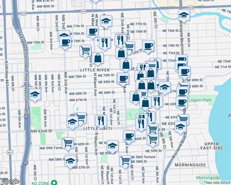 map of restaurants, bars, coffee shops, grocery stores, and more near 172 Northeast 68th Terrace in Miami