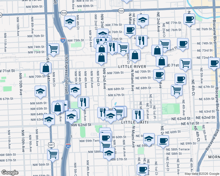 map of restaurants, bars, coffee shops, grocery stores, and more near 6825 Northwest 2nd Avenue in Miami