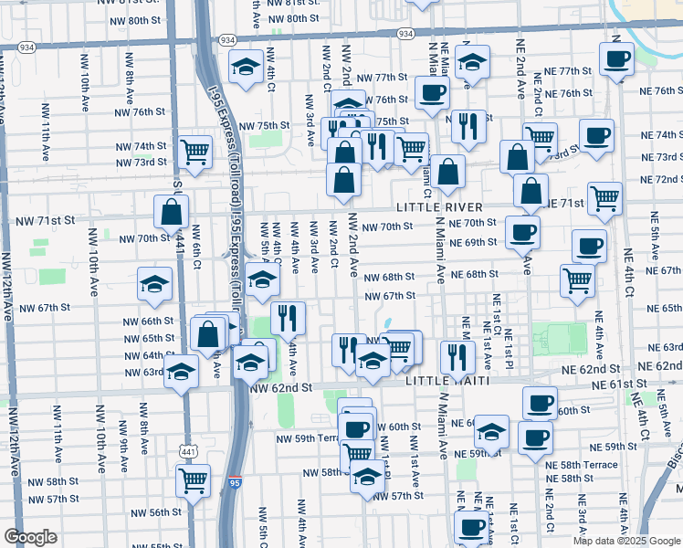 map of restaurants, bars, coffee shops, grocery stores, and more near 6825 Northwest 2nd Avenue in Miami