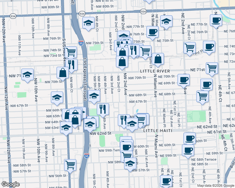 map of restaurants, bars, coffee shops, grocery stores, and more near 6829 Northwest 3rd Avenue in Miami