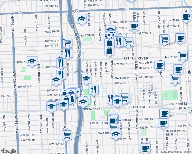 map of restaurants, bars, coffee shops, grocery stores, and more near 6820 Northwest 4th Avenue in Miami