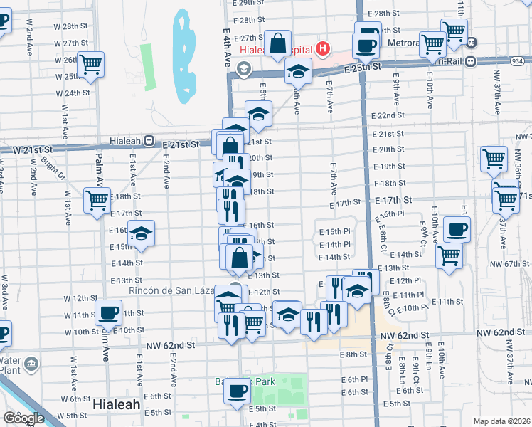 map of restaurants, bars, coffee shops, grocery stores, and more near 467 East 17th Street in Hialeah