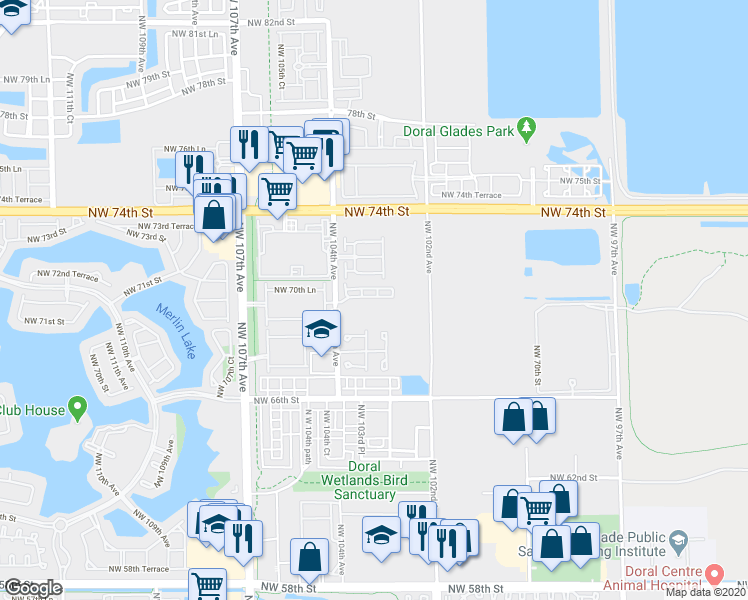map of restaurants, bars, coffee shops, grocery stores, and more near 7032 Northwest 103rd Avenue in Doral