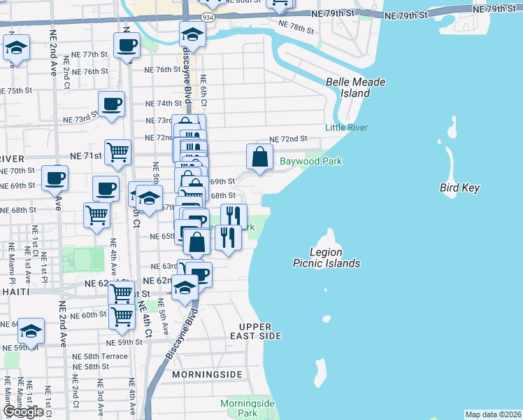map of restaurants, bars, coffee shops, grocery stores, and more near 720 Northeast 69th Street in Miami