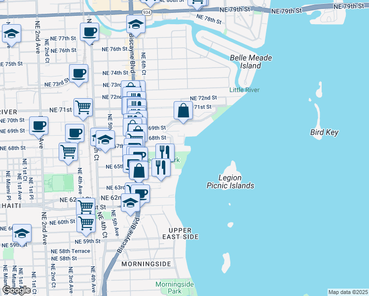 map of restaurants, bars, coffee shops, grocery stores, and more near 720 Northeast 69th Street in Miami Beach