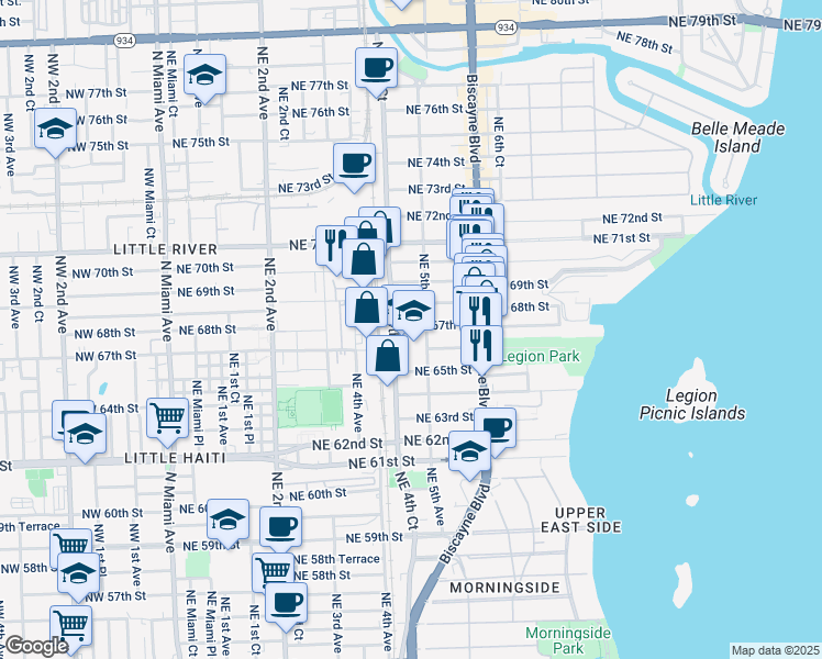 map of restaurants, bars, coffee shops, grocery stores, and more near 6620 Northeast 5th Avenue in Miami