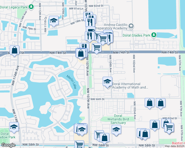map of restaurants, bars, coffee shops, grocery stores, and more near 7030 Northwest 106th Avenue in Doral