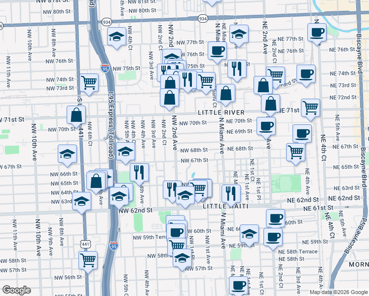map of restaurants, bars, coffee shops, grocery stores, and more near 6825 Northwest 2nd Avenue in Miami