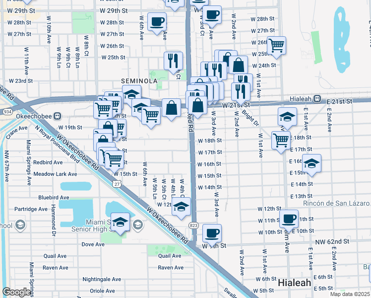 map of restaurants, bars, coffee shops, grocery stores, and more near 1740 West 4th Avenue in Hialeah