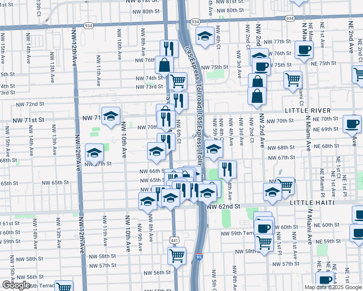 map of restaurants, bars, coffee shops, grocery stores, and more near 6832 Northwest 6th Court in Miami