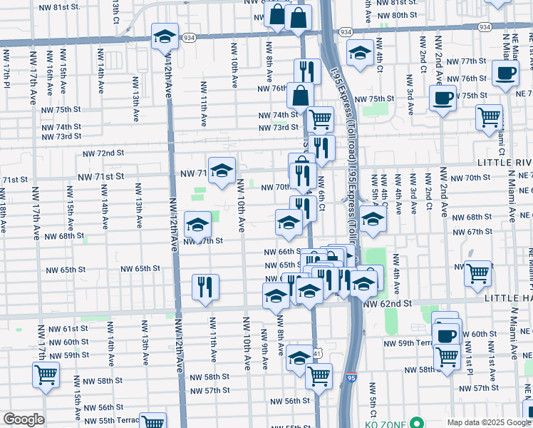 map of restaurants, bars, coffee shops, grocery stores, and more near 890 Northwest 69th Street in Miami