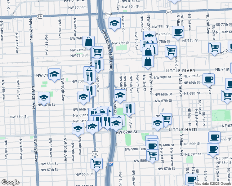map of restaurants, bars, coffee shops, grocery stores, and more near 6834 Northwest 5 Avenue in Miami