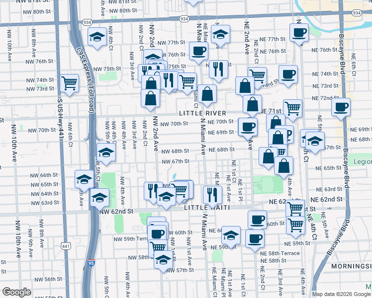 map of restaurants, bars, coffee shops, grocery stores, and more near 46 Northwest 68th Terrace in Miami